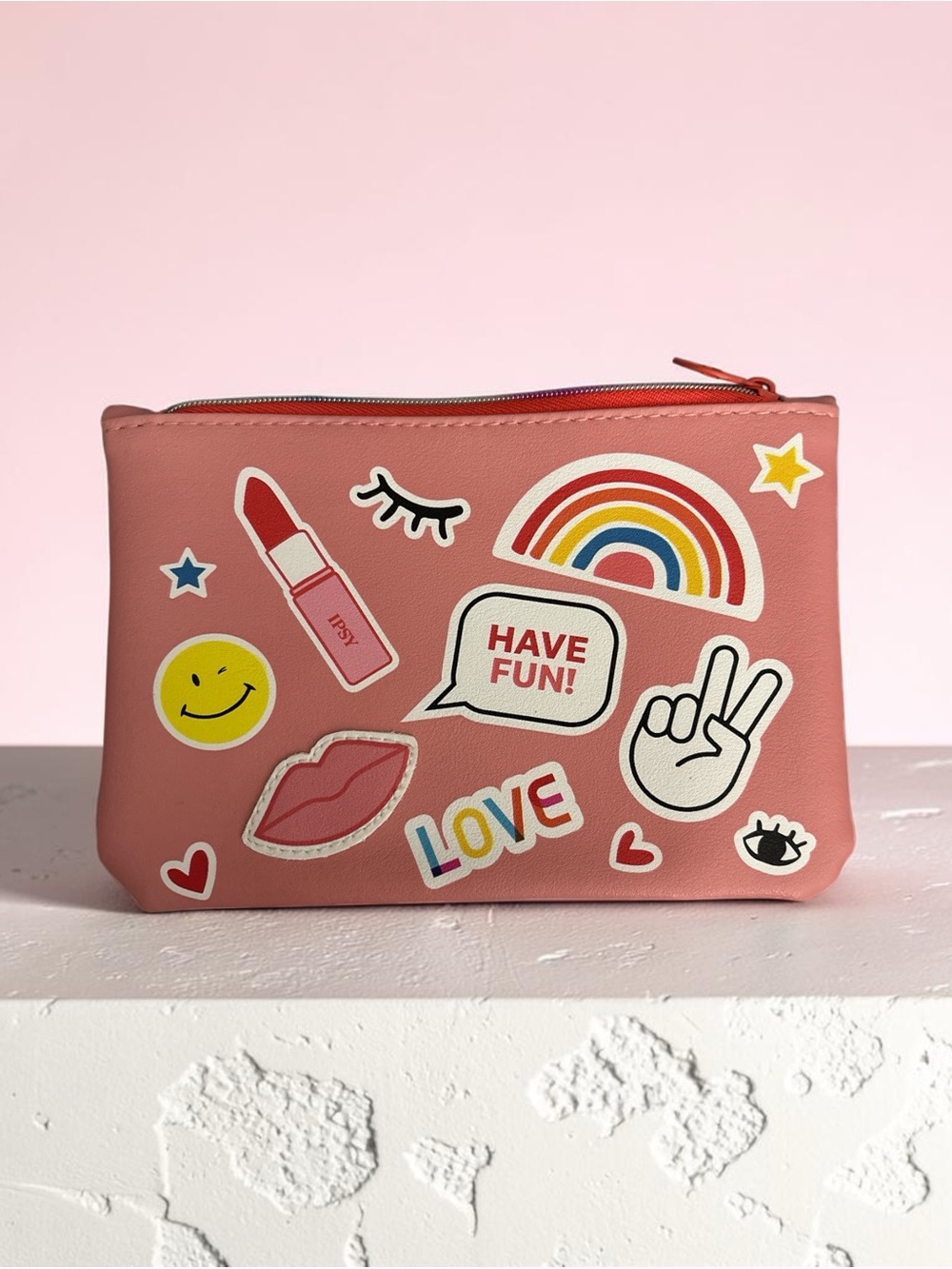 Ipsy Pink Makeup Bag Cosmetic Pouch Rainbow Smiley Peace Sign